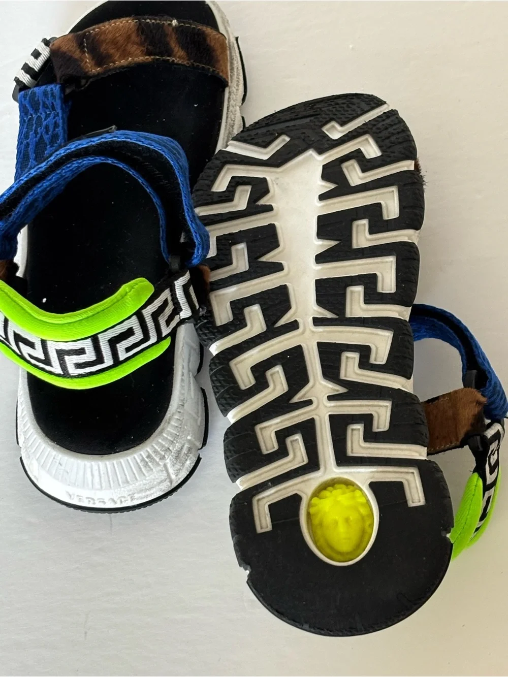 Versace (Italy) Kids, Blue, Brown & Neon Green Animal-Accent Sport Sandals